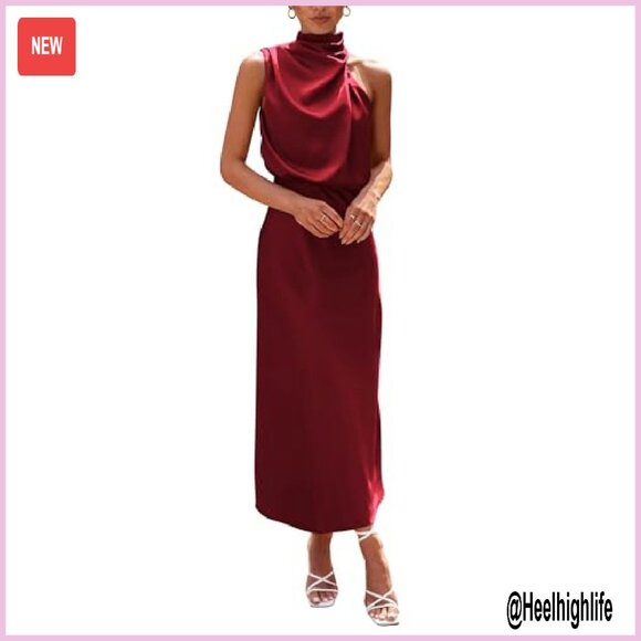 Satin Maxi Dress Sleeveless Mock Neck Formal Cocktail Party - Picture 2 of 8